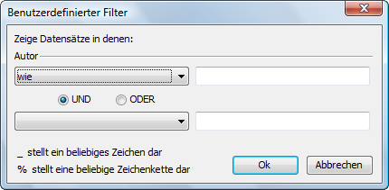 Hier sehen Sie das Dialogfenster „Benutzerdefinierter Filter“, in dem Sie Ihre Filterkriterien individuell anpassen können.